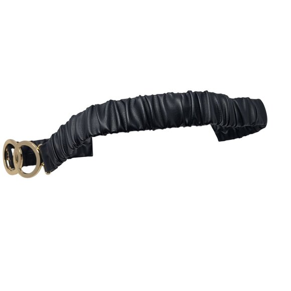 Womens Ruched‎ Gathered Vegan Faux Leather Stretch Belt Sz XL Black Gold Buckle main image 8